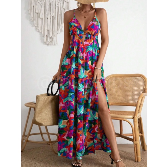 Tropical Floral Multicolor Maxi Cami Cut Out Criss Cross Straps Dress Babydoll - Picture 5 of 7